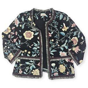 Loft Black Twill Floral Print Open Front 3/4 Sleeve Blazer Jacket Women's 10
